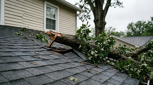 Large tree branch fallen onto a residential house roof after a heavy summer storm causing significant home damage