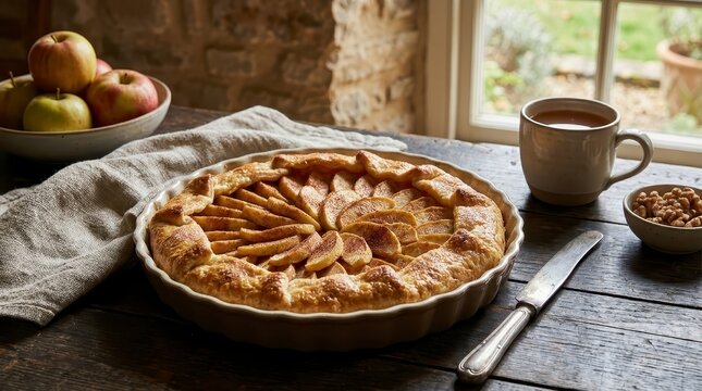 Freshly baked apple galette on rustic wooden table