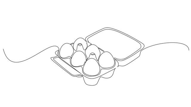 animated continuous line drawing of six fresh eggs in open cardboard egg carton, half-dozen farm eggs, modern minimalist line art animation