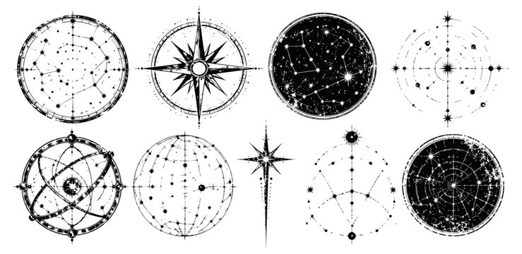 Set of vintage celestial charts and star maps with compass rose and astrological symbols