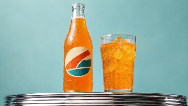 Soda bottle with retro logo eye level perspective with dramatic side light and minimal styling art