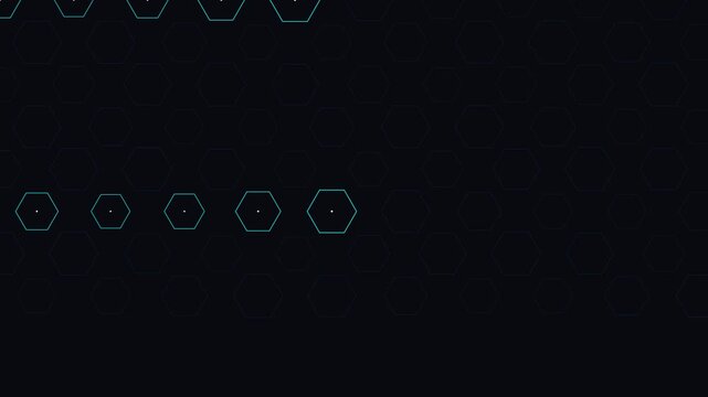 Futuristic hexagonal grid pattern with glowing blue lines and data points on black background