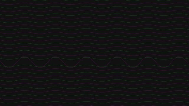 Glitchy digital waveform with purple and green wavy lines moving on a black background