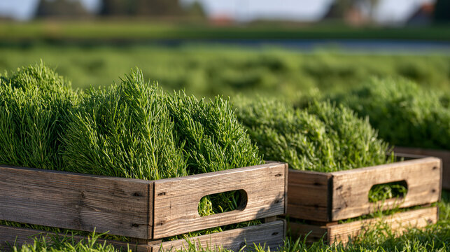 Freshly harvested halophyte crops in elegant crates beside saline field showcasing coastal agriculture and alternative food production