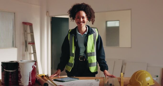 Construction, face or woman on site with pride, contractor or about us in architect profession. Industrial, happy or structure engineer with portrait, confidence or developer in building industry.