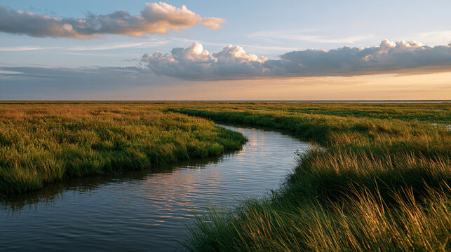 Luxury editorial transition zone between halophyte cultivation and coastal wetland habitat showcasing climate smart land use