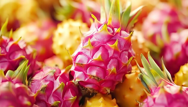 Fresh Vibrant Magenta and Yellow Dragon Fruits With Detailed Textured Spiky Skin Close up Concept