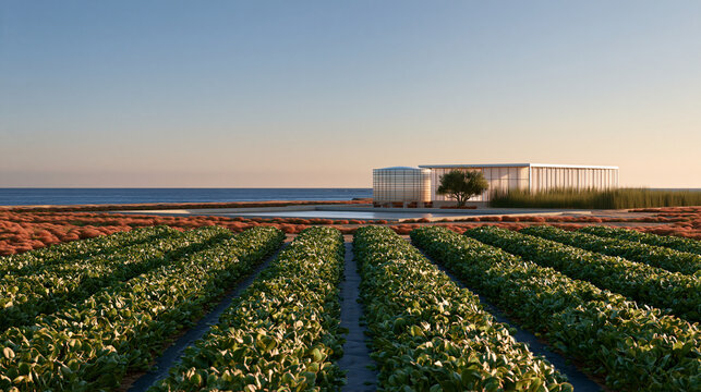 Elegant coastal halophyte farm with refined water storage and resilient infrastructure showcasing saline agriculture and climate smart sustainability