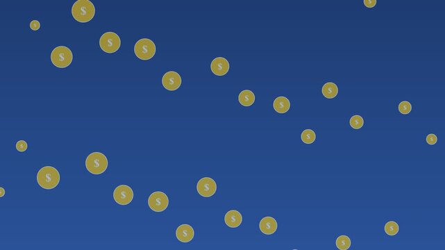 Golden dollar coins floating across a blue background representing wealth and finance