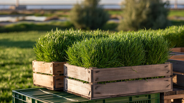 Freshly harvested halophyte crops in elegant crates beside saline field showcasing coastal agriculture and alternative food production