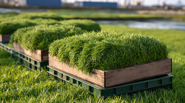 Freshly harvested halophyte crops in elegant crates beside saline field showcasing coastal agriculture and alternative food production