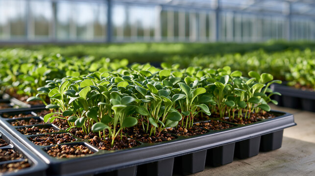 Young halophyte seedlings in greenhouse trays showcasing saline agriculture innovation and refined sustainable nursery cultivation