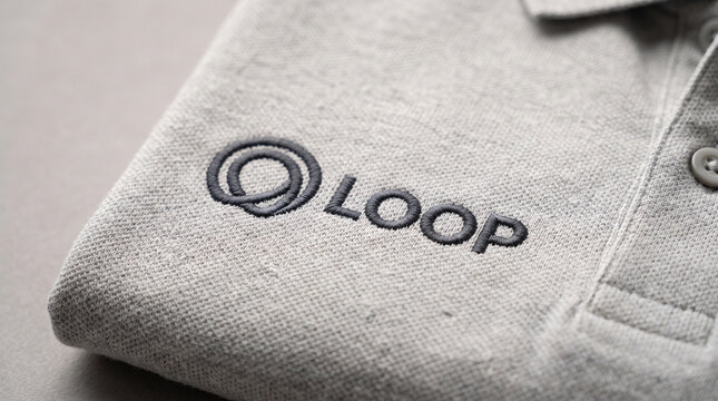 Grey polo shirt mockup close up with embroidered dark grey circle loop logo and LOOP text