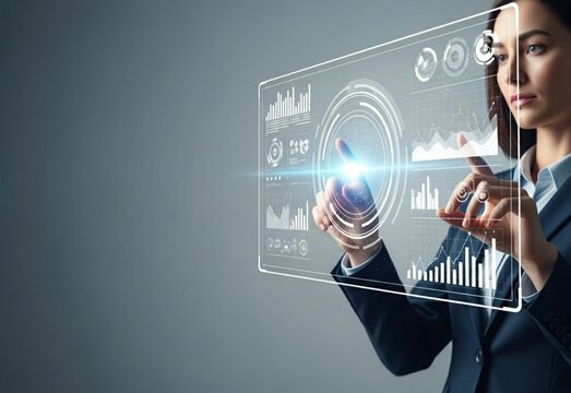 Futuristic Data Visualization with businesswoman interacting with transparent glowing HUD touchscreen interface analyzing financial charts and data analytics for digital transformation concept