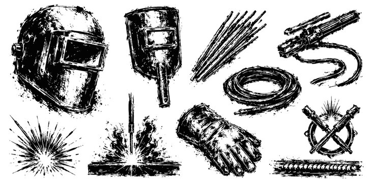 black welding tools and safety equipment set protective gloves, helmets, rods, sparks and metal cable illustration