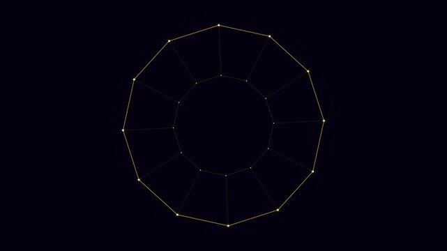 Golden geometric zodiac wheels with constellation lines rotating on a dark background