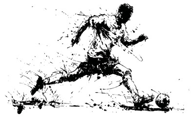 Obraz premium Dynamic male soccer player kicking the ball, abstract black ink splatter illustration of athlete in motion