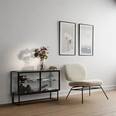 Fototapete Japandi Modern Japandi living room interior mockup with cozy bouclé armchair, glass sideboard cabinet, vase with flowers and framed art on white wall  © Astro Vigital