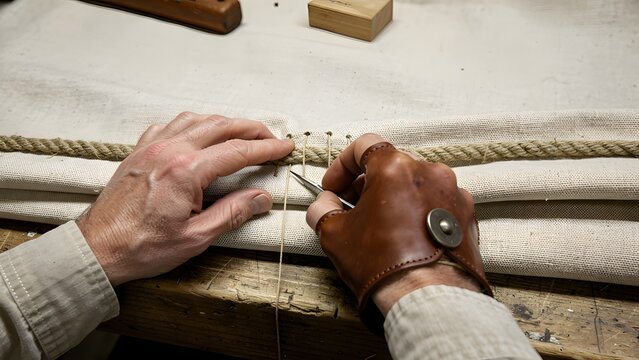 Traditional Sailmaker Hand Stitching a Canvas Sail