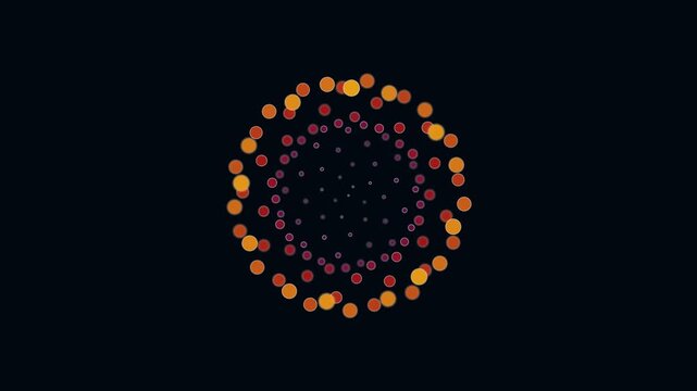 Golden ratio spiral patterns with colorful dots shifting from purple to yellow on black