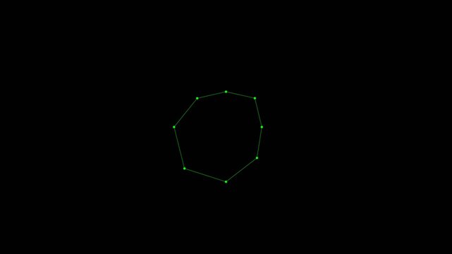 Green digital geometric polygons pulsing with connecting dots on a dark background
