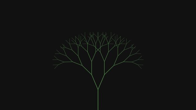 Green fractal trees growing and branching out on a black background representing digital growth