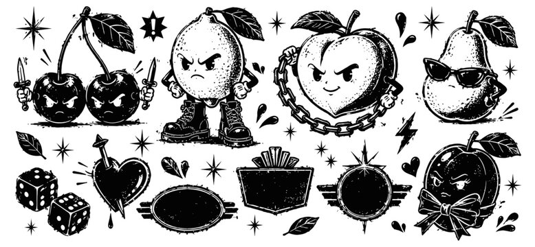 vintage fruit characters with expressive faces and accessories in black and white