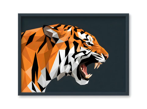 Fierce tiger head roaring with open mouth on dark background
