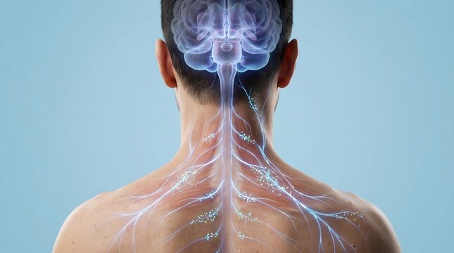 3D Medical Illustration of the Human Central Nervous System Showing Glowing Brain and Spinal Cord Pathways on a Person's Back