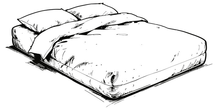 Comfortable bed with pillows and blanket in black and white line art style, cozy sleep and rest concept