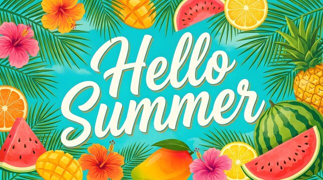 Hello Summer text illustration with tropical fruits, hibiscus flowers and palm leaves on a vibrant blue background