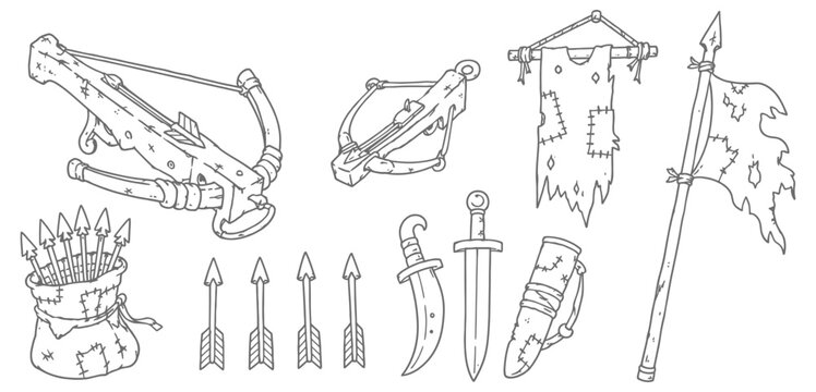 Medieval weapons and armor line art collection including crossbows, arrows, swords, flags, and dagger sheath