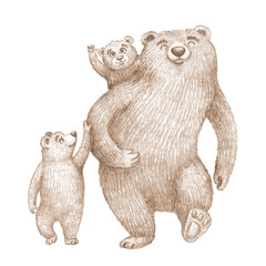 A hand drawn pencil illustration with a family of bears in a children's style. The bear cubs and parent in sepia tones for greeting cards, children's textiles, and packaging. © andrey