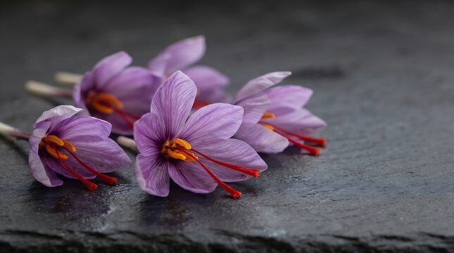 Purple saffron flowers with red stigmas on dark slate surface.