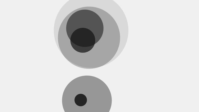 Minimalist motion graphics featuring expanding grayscale circles and ink drops on white background