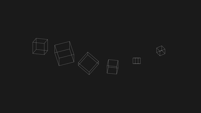 Minimalist wireframe cubes floating and rotating against a black background in a wave pattern