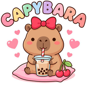 Cute Capybara Drinking Bubble Tea Kawaii Animal Cherry Cartoon Graphic Funny T-Shirt