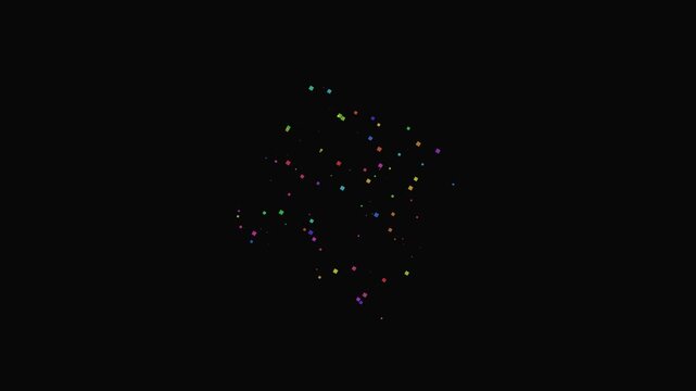 Multicolored geometric particles forming rotating cube shapes against a black backdrop