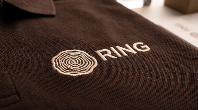 Dark brown polo shirt mockup close up with embroidered beige tree ring logo and RING text

