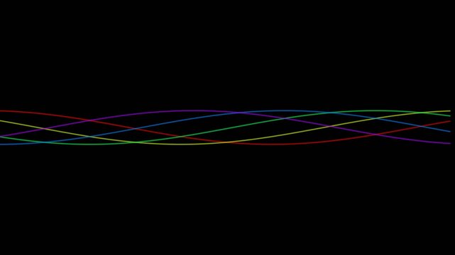 Multicolored geometric ribbons flowing in a wave pattern across a dark background