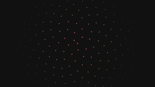 Rainbow colored dots expanding in a fibonacci spiral pattern forming a geometric flower shape