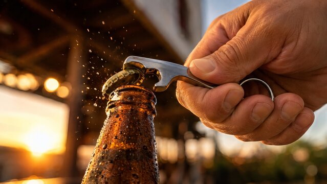 Beer bottle opener keychain eye level perspective with soft natural light and bold styling view