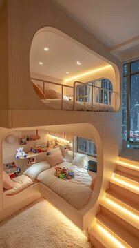 Modern minimalist kids bedroom interior with a stylish two-tier built-in loft bunk bed design