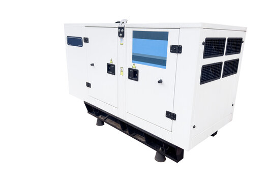 Silent diesel generator isolated on transparent background for backup electricity applications. Industrial power equipment for emergency energy supply, infrastructure, construction and business use.