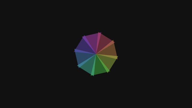 Symmetrical rainbow geometric shapes rotating in a kaleidoscope pattern on a dark background
