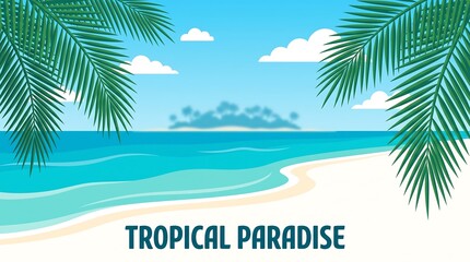 Fototapeta premium Tropical beach scene with palm trees and blue ocean under clear sky summer vacation background, tropical