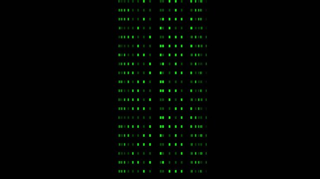 Vertical columns of green binary code and digital pixels with glitch effect on black