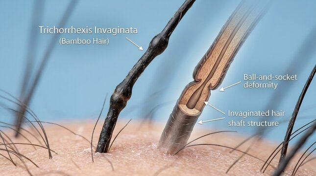 3D medical illustration of Trichorrhexis Invaginata hair shaft deformity with cross section on human skin surface