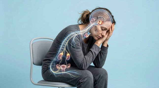 Woman sitting in distress with anatomical visualization of the endocrine system highlighting the pituitary gland, kidneys, and reproductive organs