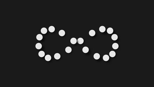 White dotted infinity symbols rotating on a black background as loading progress indicators